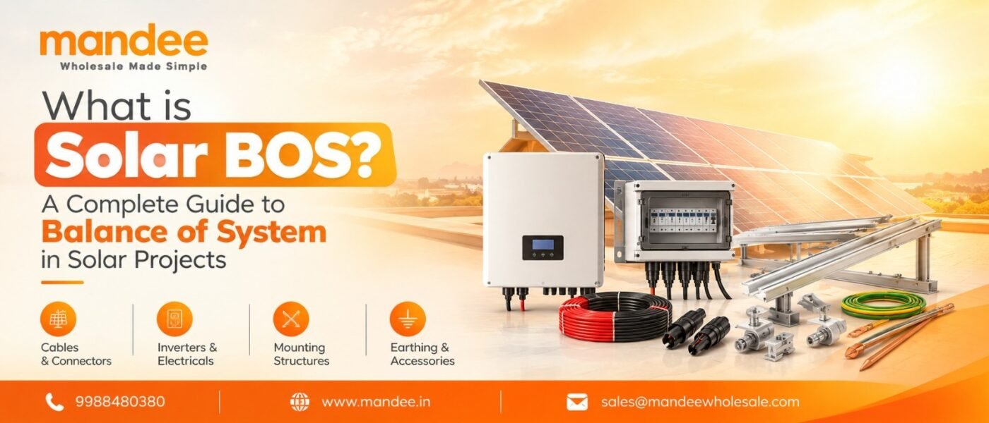 Solar BOS components including solar mounting structures, cables, connectors, inverter, and DCDB in a solar power system