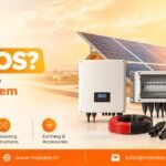 Solar BOS components including solar mounting structures, cables, connectors, inverter, and DCDB in a solar power system